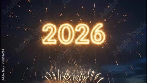 Happy new year 2026 celebration. Firework display. Glowing 2026 text. Nighttime fireworks. Sparkling festive background. New Year's Eve. Vector illustration. Dark night sky. Sparkling