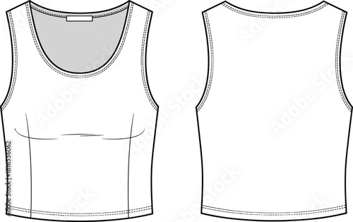 Classic sleeveless fitted tank top fashion flat sketch showcasing clean construction lines, neckline binding, hem stitching, and professional vector technical illustration