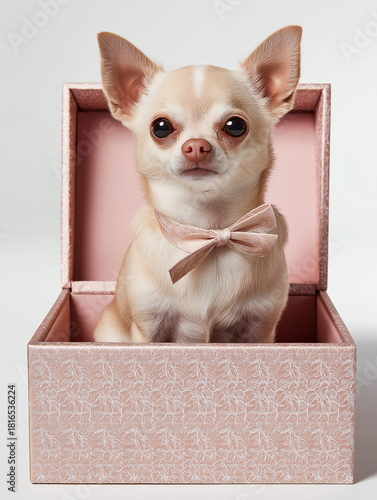 Chihuahua puppy sits in a pink gift box. A soft pink bow completes the look.