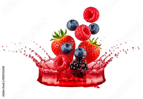 Fresh berries splashing into red juice with water droplets