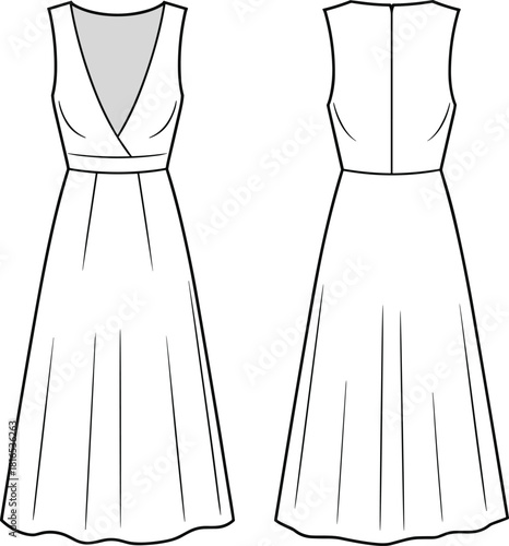 Elegant sleeveless long dress fashion flat sketch featuring V-neck bodice, fitted waistline, flowing skirt panels, and professional vector technical illustration