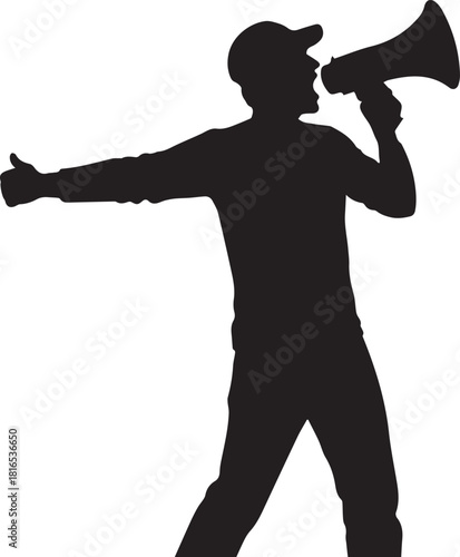 Silhouette of a man in a baseball cap speaking into a megaphone