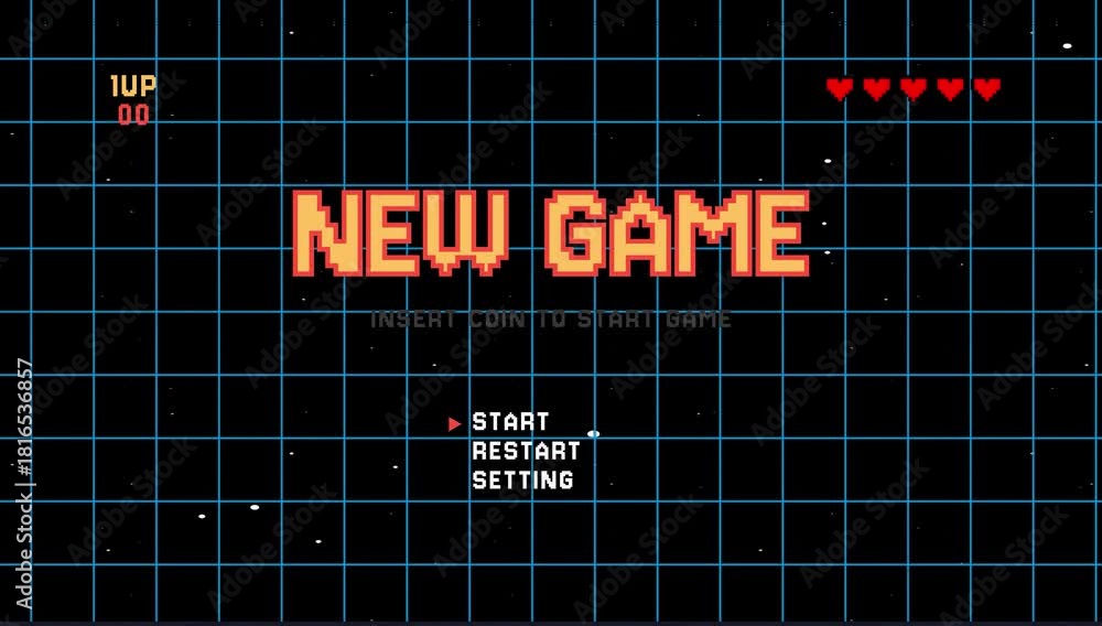 New game retro text animation. Retro game pixel 8 bit. Video game grid ...