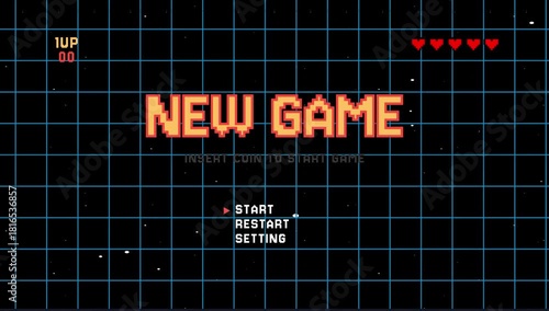 New game retro text animation. Retro game pixel 8 bit. Video game grid background 4K resolution