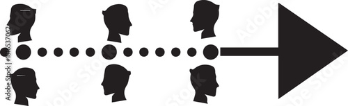 Silhouettes of people in a line moving forward on a dotted path with an arrow