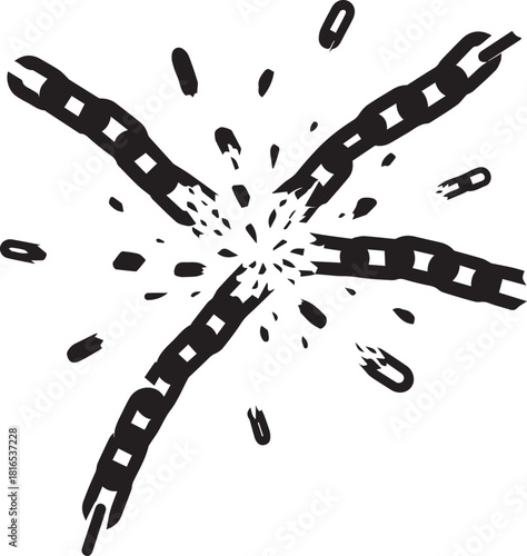 Broken chain links exploding outward from a central point