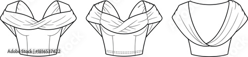 Elegant women’s draped off-shoulder cropped top fashion flat sketch showing front, variation, and back views with detailed folds and silhouette design