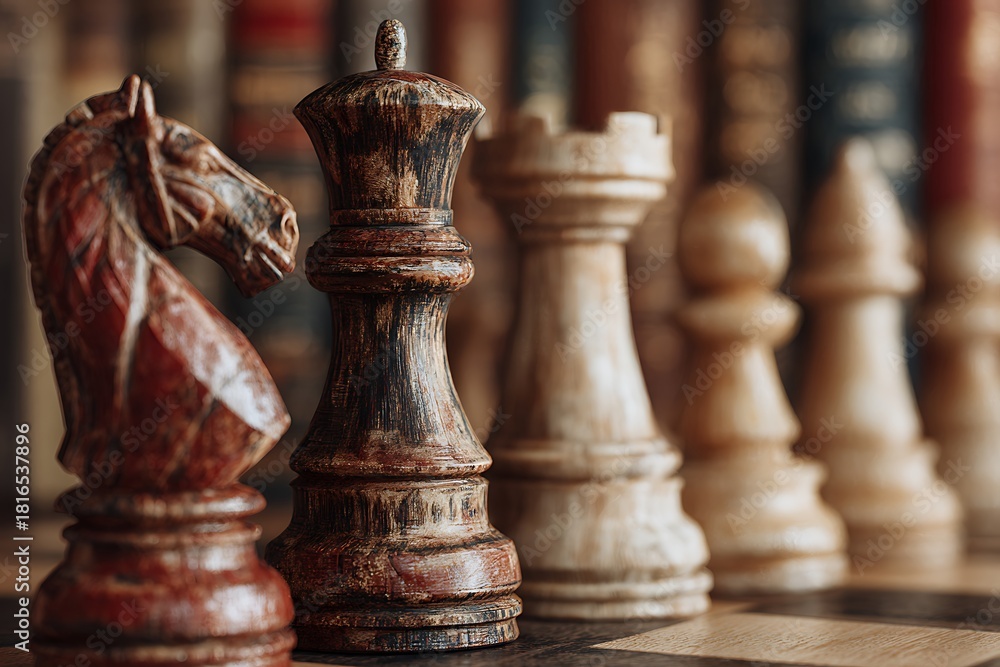 Fototapeta premium Classic stained wood chess set on board high resolution image