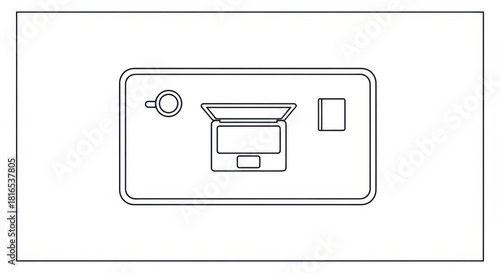 Desk Line Art with Laptop, Coffee, Notepad, and Workspace.