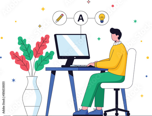 Creative content writing and graphic design workflow vector illustration with a man working on computer, symbolizing idea generation, project development, and modern remote work