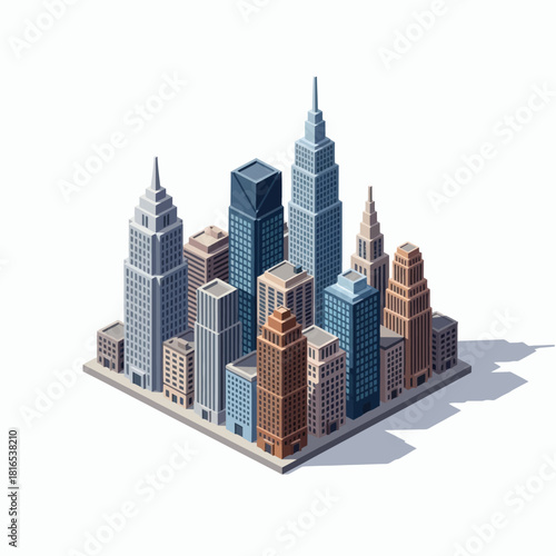 Isometric Cityscape Illustration with Detailed Skyscrapers
