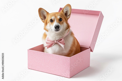 corgi sits inside pink gift box. pink bow adds festive charm today.