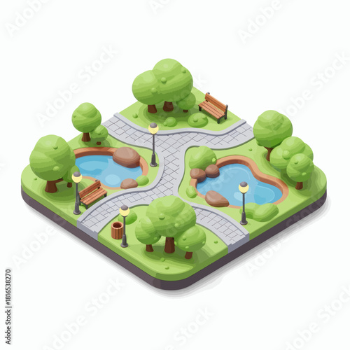 Isometric park design with trees, ponds, benches, paths, and streetlights, a relaxing outdoor scene