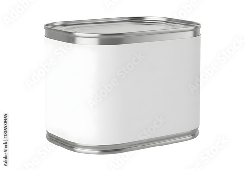 Blank white metal food can with silver rim and lid isolated on black background