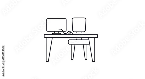 Desk line icon Home with office workspace White.
