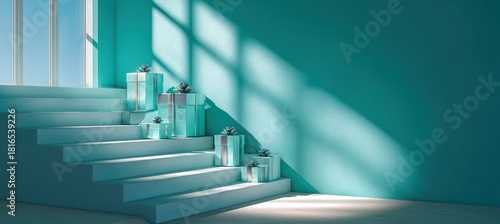 Mint staircase with gifts ascending to a sky doorway