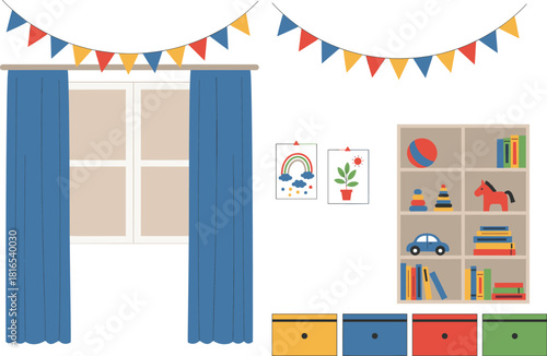 Cute Flat Vector Illustration of Kids Playroom or Nursery Interior Design with Toys, Bookshelf, Window, Curtains, and Colorful Decorative Bunting Flags.
