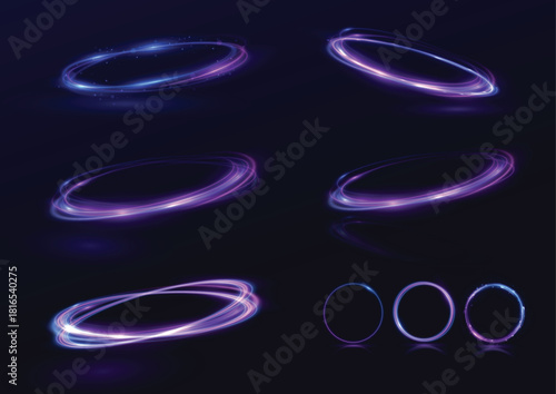 Glowing Futuristic Energy Ring Vector, Abstract Luminous Swirl, Blue Purple Light Effect, Magic Circle Portal, Modern Speed Motion Lines Background
