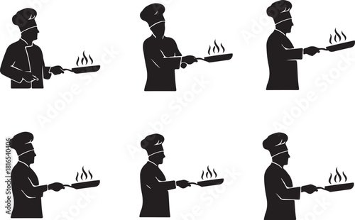 Professional chef silhouettes cooking food in frying pans showing different cooking poses and styles vector illustration