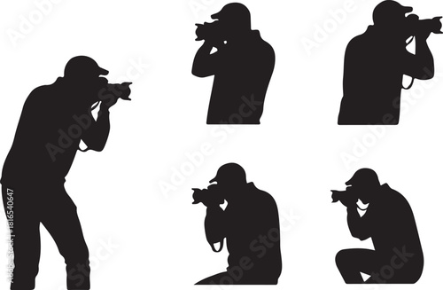 Set of black silhouettes vector of photographers taking pictures with digital slr cameras in various poses and angles