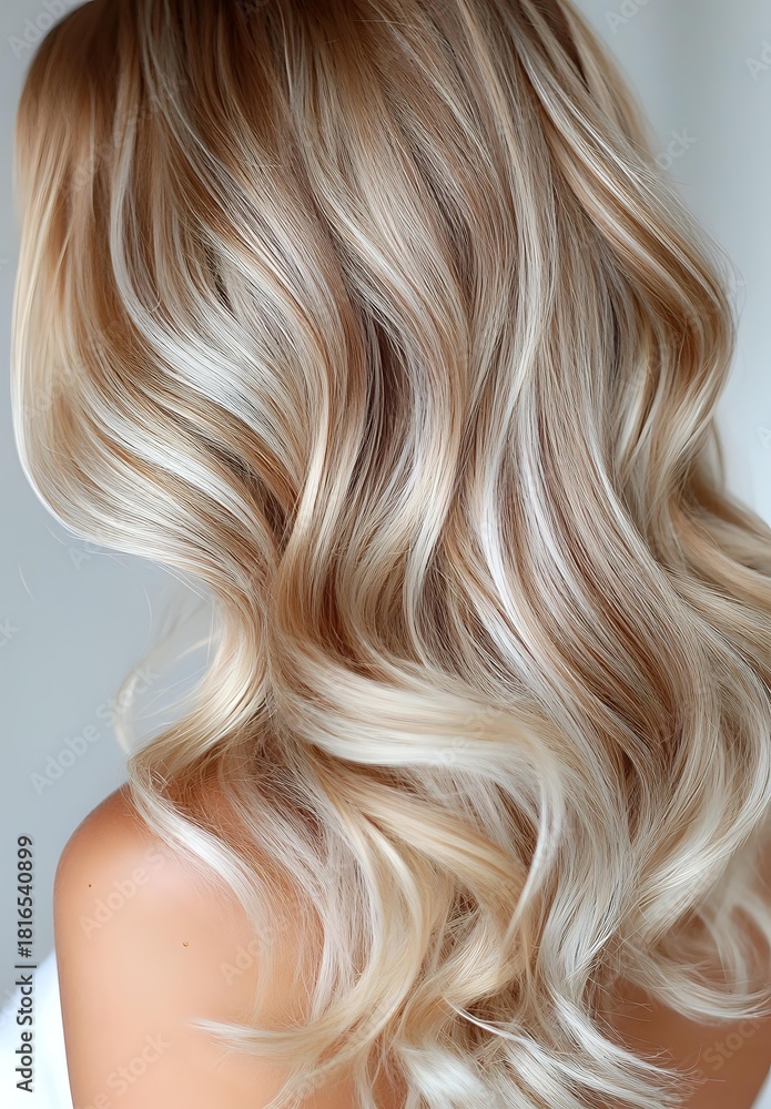 Naklejka premium Luxurious blonde balayage hair with soft waves showcasing dimensional highlights and lowlights against neutral background for beauty and salon advertising.