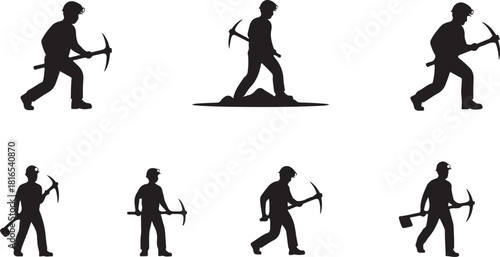 Silhouettes of miners or quarry workers striking with pickaxes vector set