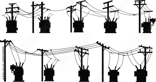 Utility pole silhouette set with transformers, insulators, crossarms, power lines, electrical infrastructure variations, flat vector