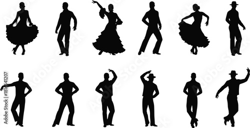 Flamenco dancers silhouettes, traditional dance poses, expressive arm movements, cultural performance, dramatic stances, stage art, folk entertainment, elegant motion, festival show, flat vector