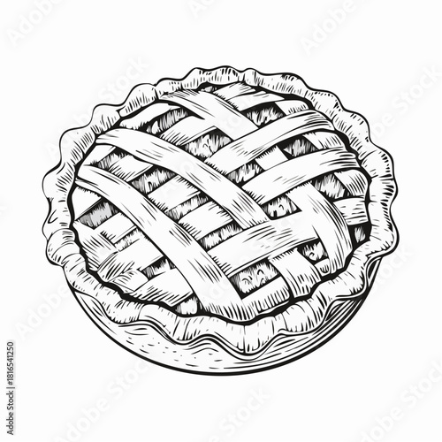 Vintage hand-drawn engraving of an apple pie with detailed crust and classic etched shading, perfect for bakery labels, retro food designs, café menus, and dessert illustrations.