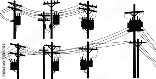 Flat vector silhouette illustration of six utility poles, electrical transformers, power lines, diverse electricity distribution designs, urban infrastructure, industrial energy grid
