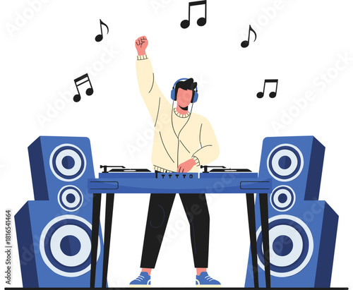 Cool DJ character mixing music at a party with turntable and large speakers, symbolizing nightclub entertainment, sound technology, audio production, and electronic dance music