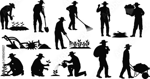 Farmer silhouette collection, agriculture work, gardening activity, planting seeds, harvesting crops, watering plants, rural lifestyle, farming tools, countryside labor - flat vector