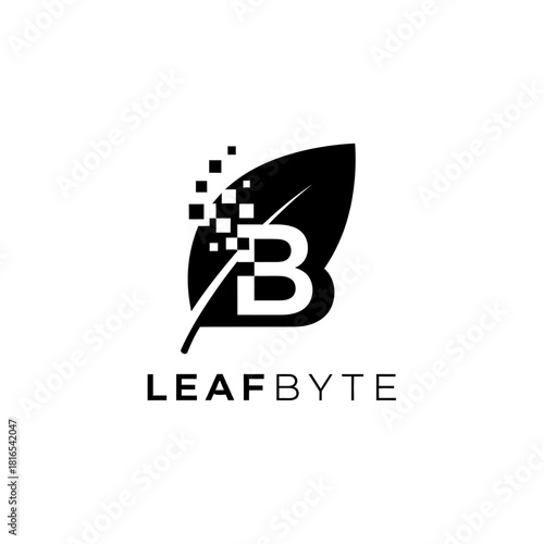 Leafbyte Logo Design with Digital Pixelated Leaf and Letter B.