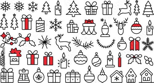 Christmas winter holiday line art icons set festive celebration