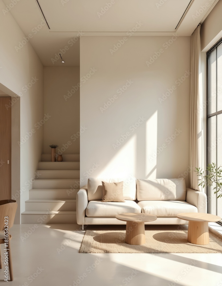 Fototapeta premium Modern minimalist living room clean aesthetic. Pale beige sofa, wooden coffee tables on natural rug. Bright sunlight enters through large window, creating inviting shadows. Stairs lead up to upper