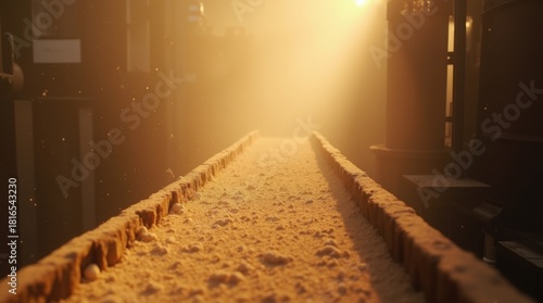 Conveyor belt wheat flour dust explosion risk illuminated beams golden haze machinery
