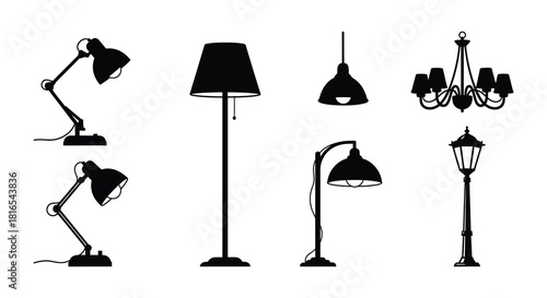 Variety of lighting fixtures in black silhouettes lamps chandeliers and streetlights