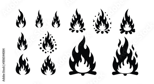Collection of black silhouette flame designs for various creative projects