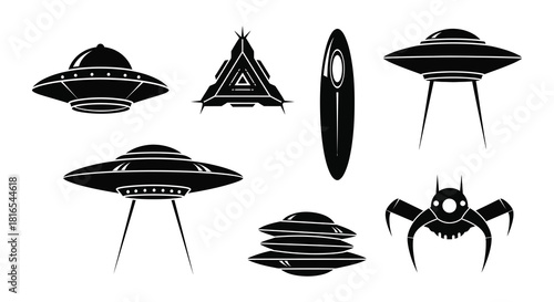 A collection of black and white illustrations depicting various unidentified flying objects