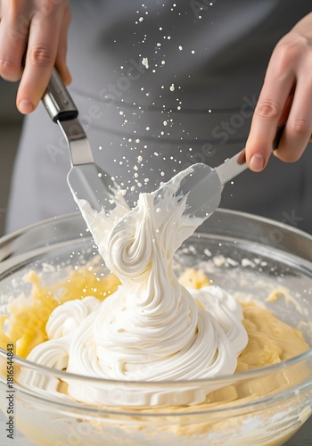 Culinary crafting, melding fluffy meringue into rich batter for delightful confectionery preparation