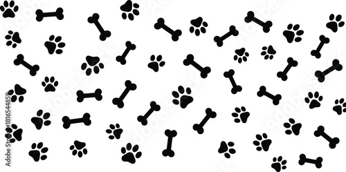 Dog paw prints and bone pattern on white background