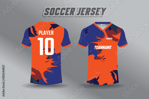 Soccer jersey design with abstract orange and blue pattern for sports team