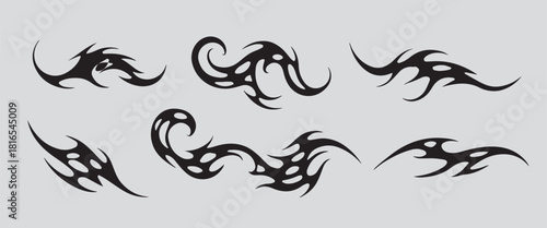 Set Pack Futuristic gothic tribal flame sigil vector design, inspired by Y2K aesthetic with liquid mercury metallic look, abstract tattoo artwork, and cyber illustration for modern graphic art.