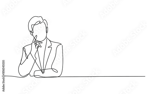 Continuous Line Drawing of Man in Suit Thinking and Leaning on Desk Vector Illustration Concept of Business Professional Brainstorming Minimalist Style Design Isolated on White