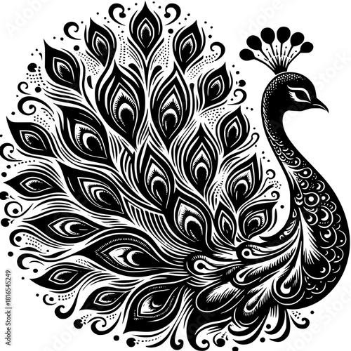 Exquisite Peacock Illustration: An intricate and artistic rendering of a peacock showcasing its magnificent plumage, a true marvel of nature's design. 