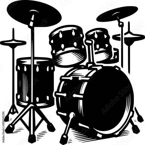 Rhythmic Symphony of Steel and Wood: A captivating image showcases a complete drum kit, poised and ready to create a rhythm. capturing the essence of percussion dram, music instument dru kit 