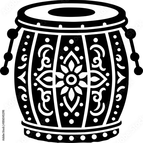 Cultural Percussion: An intricate illustration showcasing a decorative drum, steeped in cultural heritage, its design celebrating rhythm and artistic detail. Indian drum, drum art, Music, instupement