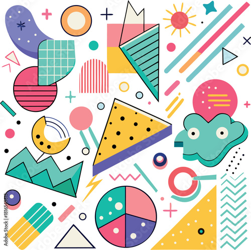 Funky crayon drawn geometric shapes and doodle lines silhouette