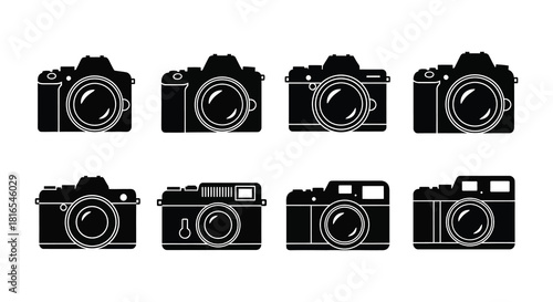 A collection of vintage and modern camera silhouettes in black and white