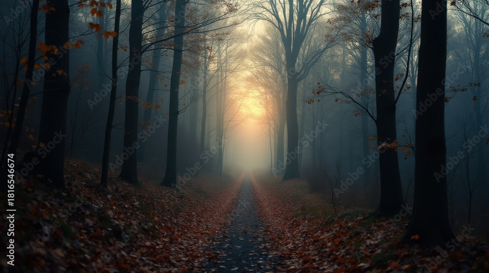 Fototapeta premium Forest path vanishing into sudden evening darkness autumn leaves frost on ground 